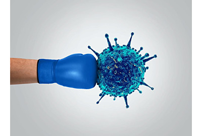 Bekämpfung des Corona-Virus/Coronavirus-Konzepts. Hand mit Boxgolfen Kampf mit Virus. 